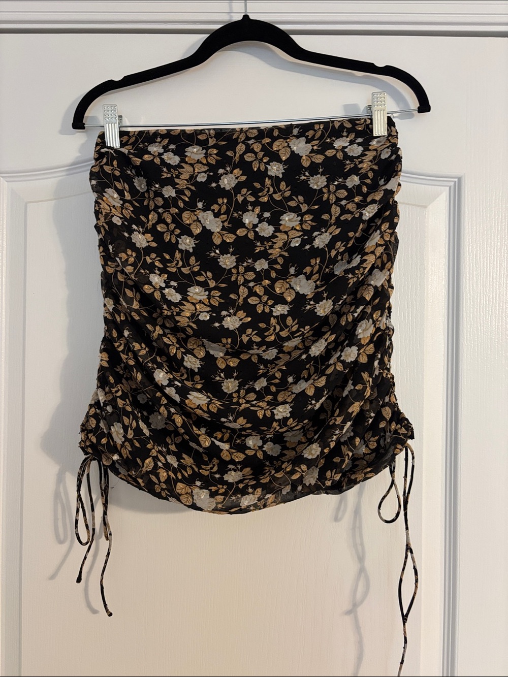 Black Floral Ruched Shirt with Tan & Cream Blooms